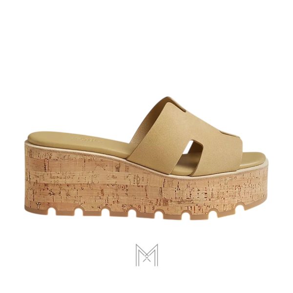 Dép cao gót đế xuồng Hermes nữ chính hãng màu be da lộn MHHH116