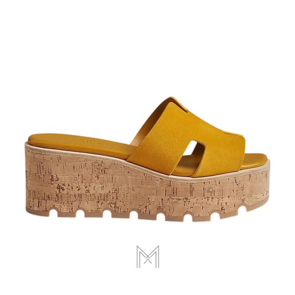 Dép cao gót đế xuồng Hermes nữ chính hãng màu vàng cháy da lộn MHHH118