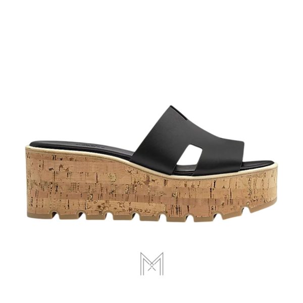 Dép cao gót đế xuồng Hermes nữ chính hãng màu đen da trơn MHHH120