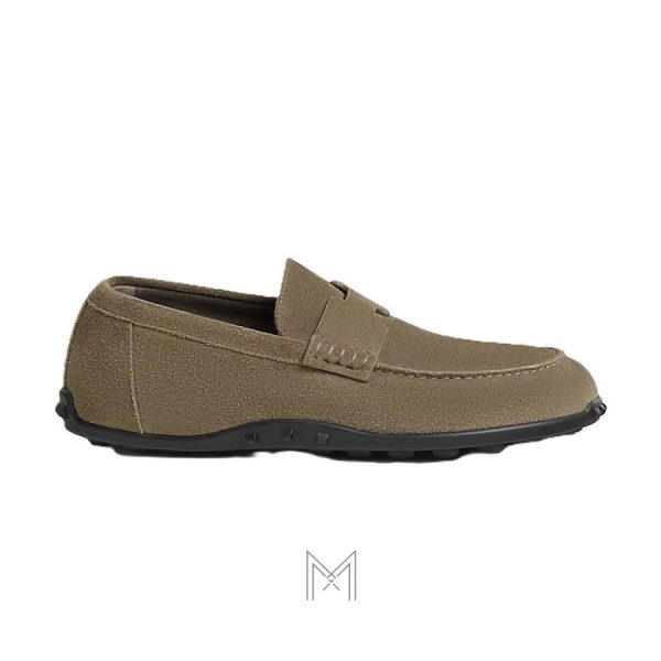 Giày lười Hermes màu xanh rêu da lộn authentic MHGH006