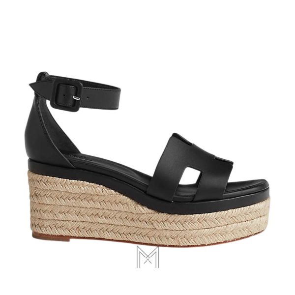Sandal cao gót Hermes Elda Espadrille màu đen authentic MHHH196
