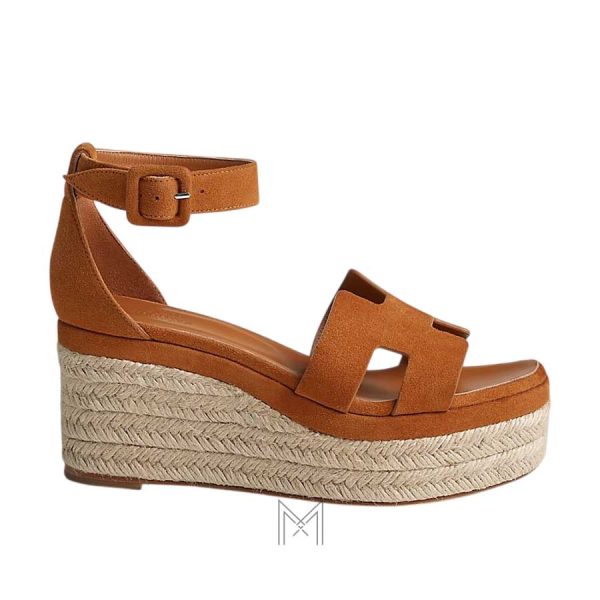 Sandal cao gót Hermes Elda Espadrille màu nâu authentic MHHH197