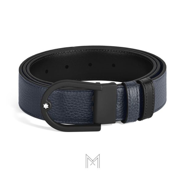 Thắt lưng nam Montblanc màu đen, xanh navy da sần mặt khóa đen authentic MB222413