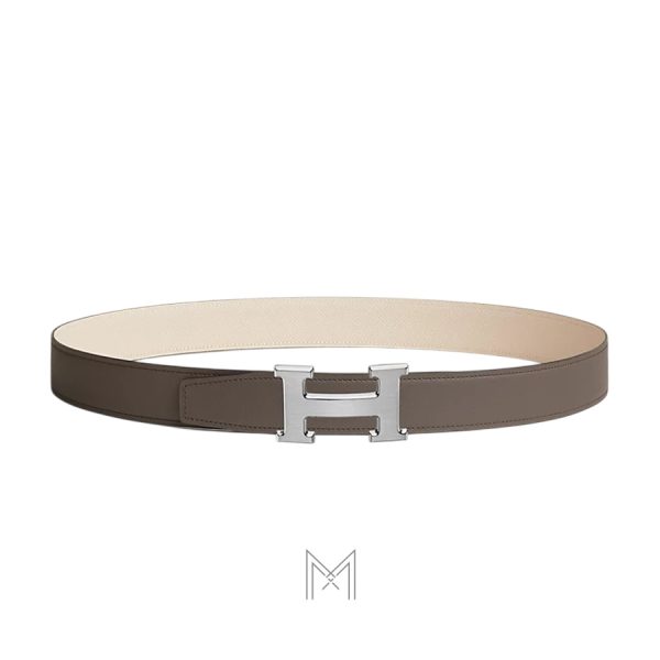 Thắt lưng nam Hermes màu nâu xám, be khóa bạc authentic MHBH031