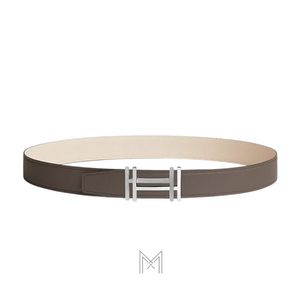 Thắt lưng nam Hermes 2 mặt nâu xám, trắng ngà khóa chữ H authentic MHBH014