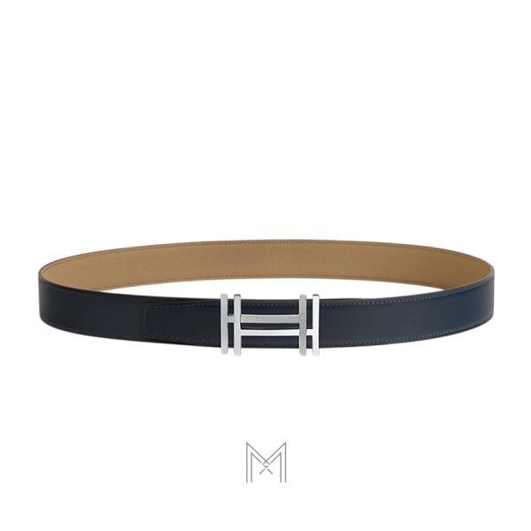 Thắt lưng nam Hermes 2 mặt màu xanh navy, be khóa chữ H bạc authentic MHBH019