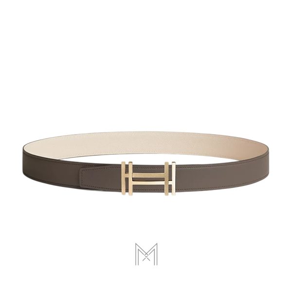 Thắt lưng nam Hermes 2 mặt màu be, nâu xám khóa chữ H vàng authentic MHBH021