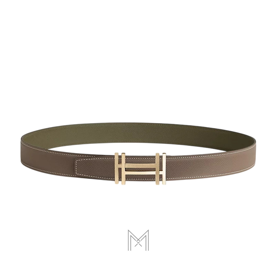 Thắt lưng nam Hermes 2 mặt màu xanh rêu, nâu xám khóa chữ H vàng authentic MHBH027 2026 Thắt lưng nam Hermes 2 mặt màu xanh rêu, nâu xám khóa chữ H vàng authentic MHBH027 2026