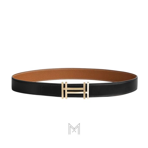 Thắt lưng nam Hermes 2 mặt màu đen, nâu bò khóa chữ H vàng authentic MHBH020