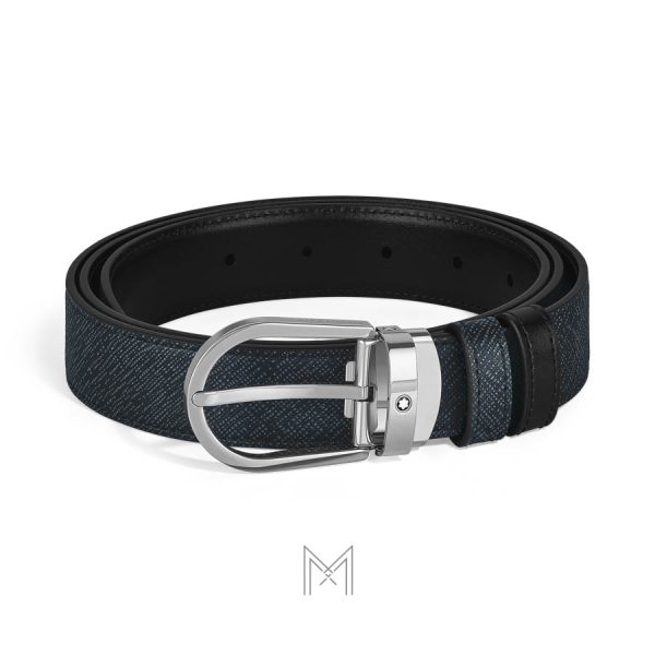 Thắt lưng nam 2 mặt Montblanc màu đen, xanh da hạt khóa bạc chính hãng MB222391