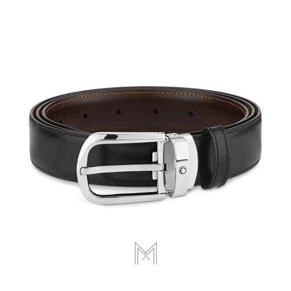 Thắt lưng nam 2 mặt Montblanc màu đen, nâu đậm mặt khóa bạc chính hãng MB114412