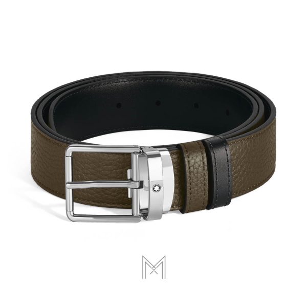 Thắt lưng nam 2 mặt Montblanc màu đen, nâu da sần mặt khóa bạc authentic MB221004