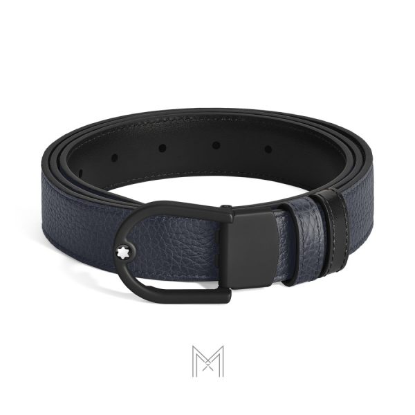 Thắt lưng nam Montblanc màu đen, xanh navy da sần mặt khóa đen authentic MB222403