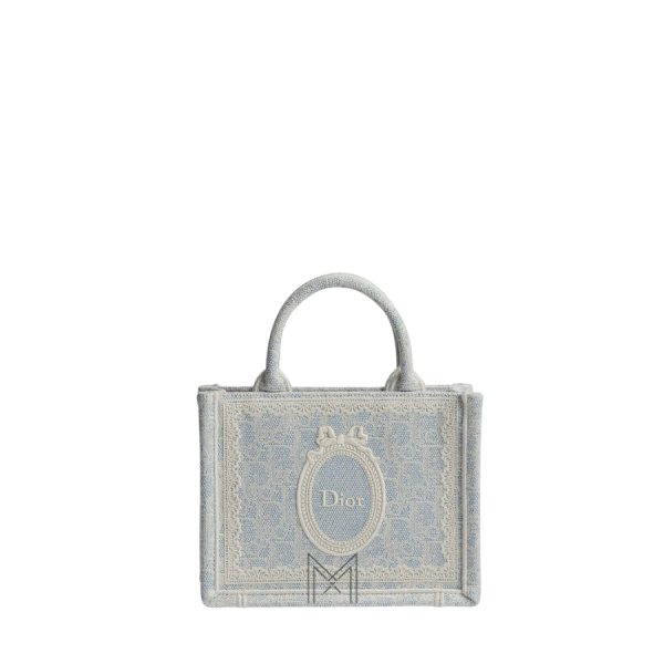 Túi Xách Mini Dior Book Tote with Strap Céleste Blue Dior Oblique Washed Embroidery and Ecru Dior Médaillon JTT145