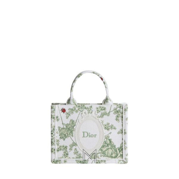 Túi Xách Mini Dior Book Tote with Strap Green and White Toile de Jouy Clover and Dior Médaillon Embroidery JTT139