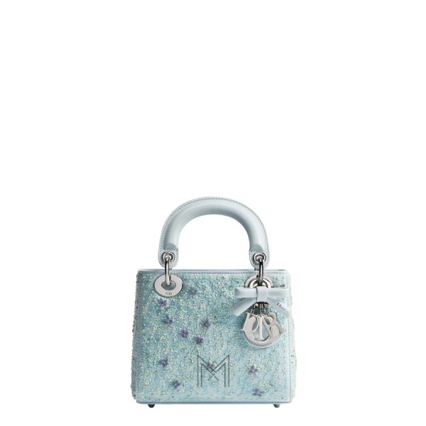 Túi Xách Mini Lady Dior Bag with Strap Sky Blue Lambskin Embroidered with Multicolor Raised Flowers and Beading JTT066