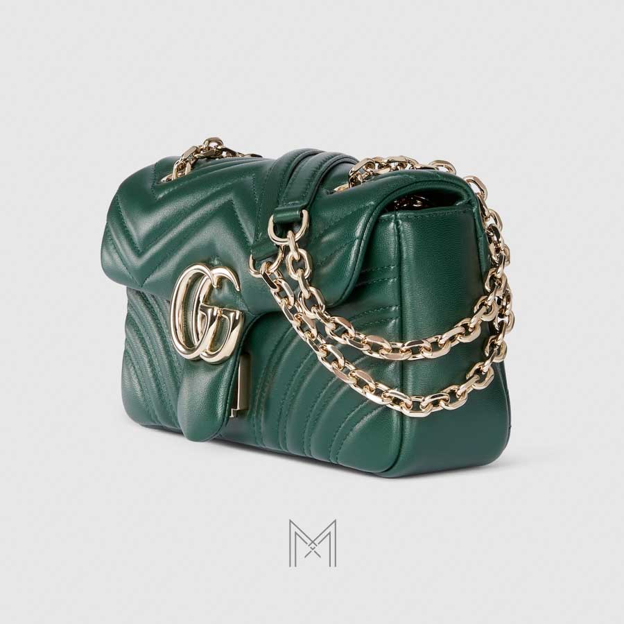 Túi xách đeo chéo Gucci Marmont màu xanh lá dây xích vàng authentic MHTG110 2026 Túi xách đeo chéo Gucci Marmont màu xanh lá dây xích vàng authentic MHTG110 2026