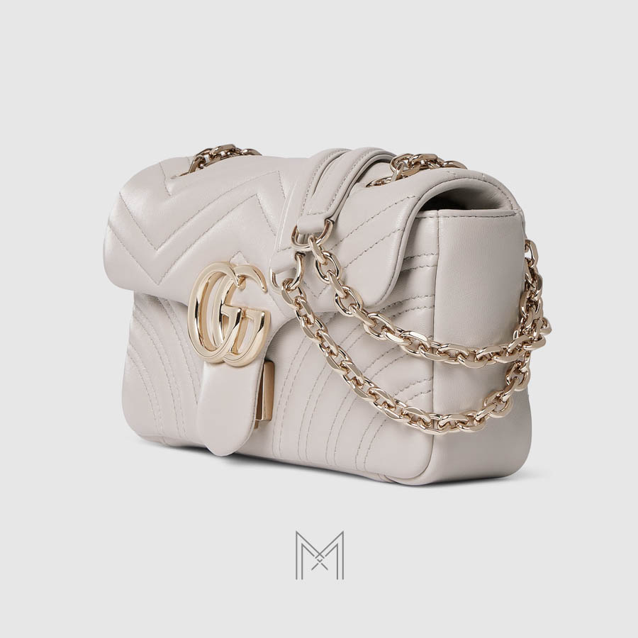Túi xách đeo chéo Gucci Marmont màu trắng dây xích vàng authentic MHTG111 2026 Túi xách đeo chéo Gucci Marmont màu trắng dây xích vàng authentic MHTG111 2026