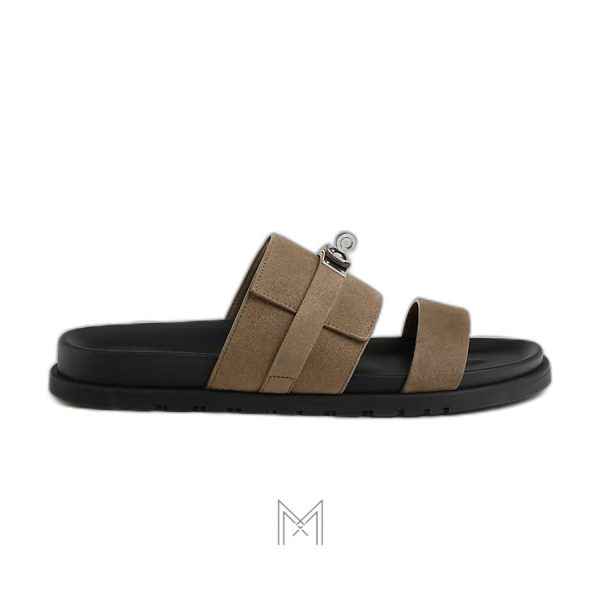 Dép quai ngang Hermes màu nâu ghi authentic MGH055