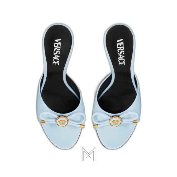 Dép cao gót Versace Opera Bow 85mm màu xanh authentic MDV15