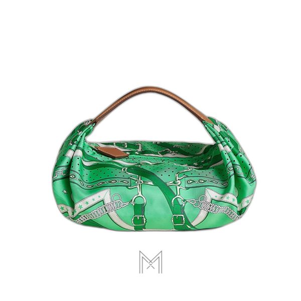 Túi Hermes Balusoie lụa quai da màu xanh hoạ tiết authentic MTH025