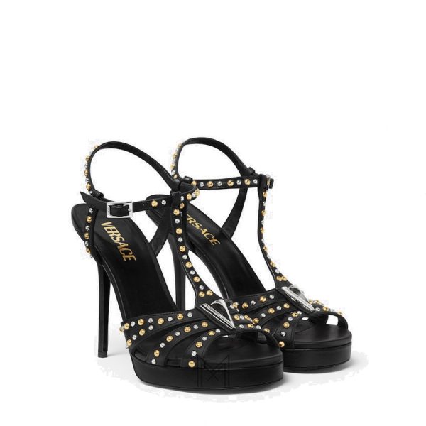 Sandals cao gót Versace V Embellished 120mm màu đen authentic MDV28