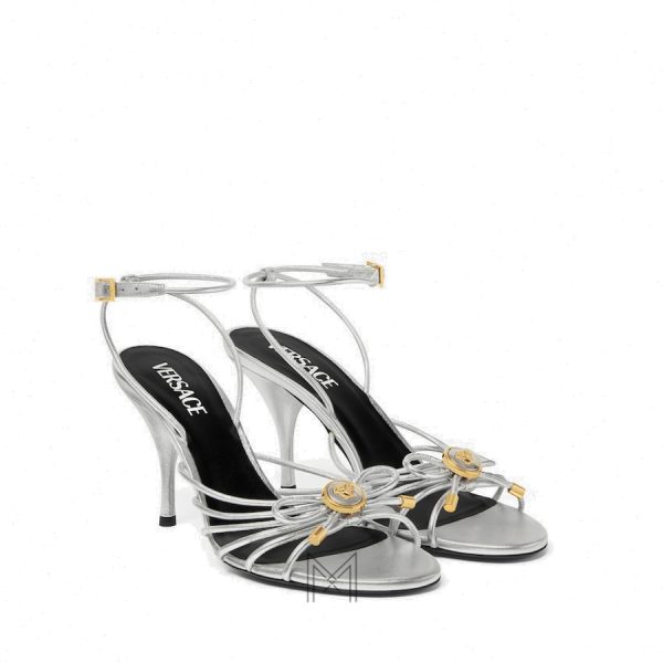 Sandals cao gót Versace Opera Bow màu bạc 85mm chính hãng MDV41