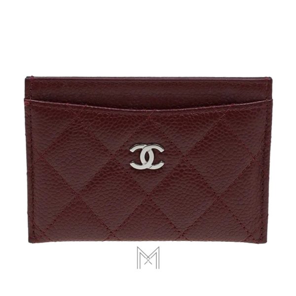 Ví đựng thẻ Chanel màu đỏ đậm da sần logo bạc MHV06