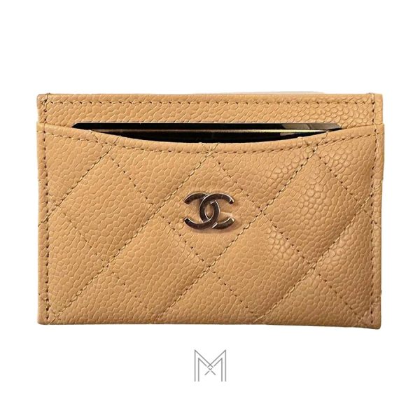 Ví ngắn đựng thẻ Chanel màu be đậm da sần chính hãng MHV01