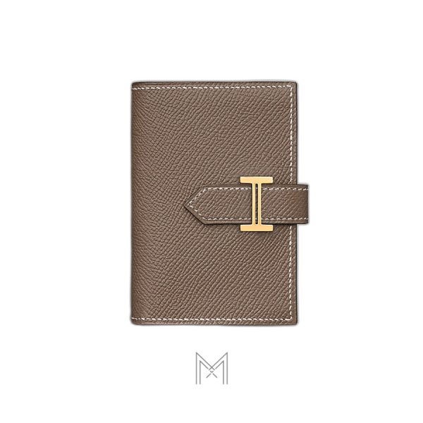 Ví ngắn Hermes Bearn màu nâu ghi etoupe da sần khoá vàng MVH22