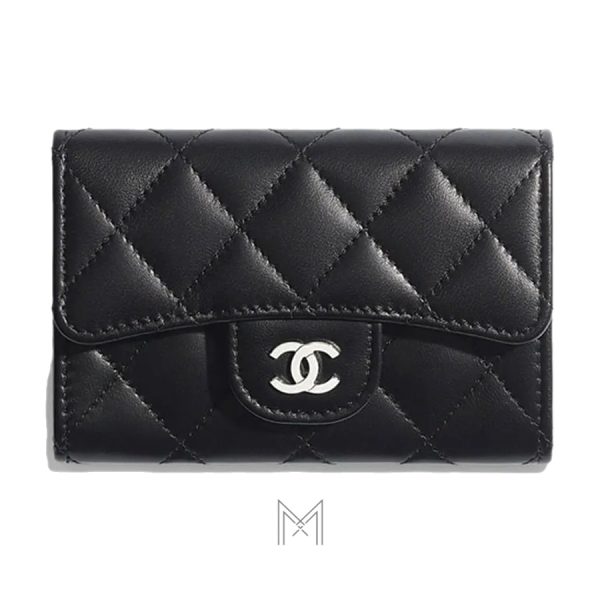 Ví da Chanel màu đen logo bạc hàng hiệu authentic MHV09