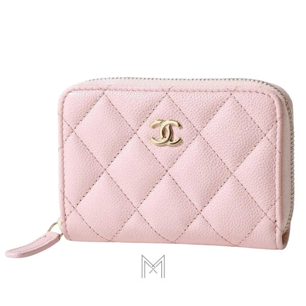 Ví ngắn Chanel màu hồng da sần logo CC màu vàng MHV12